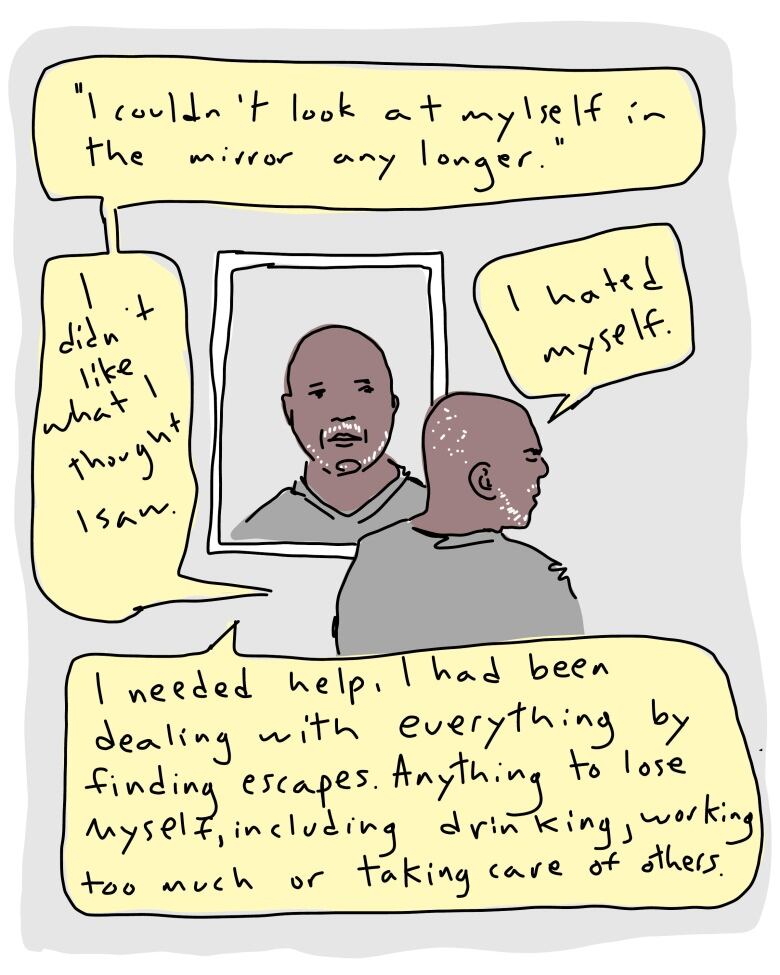 An graphic of an older Black man looking into a mirror. The text reads 