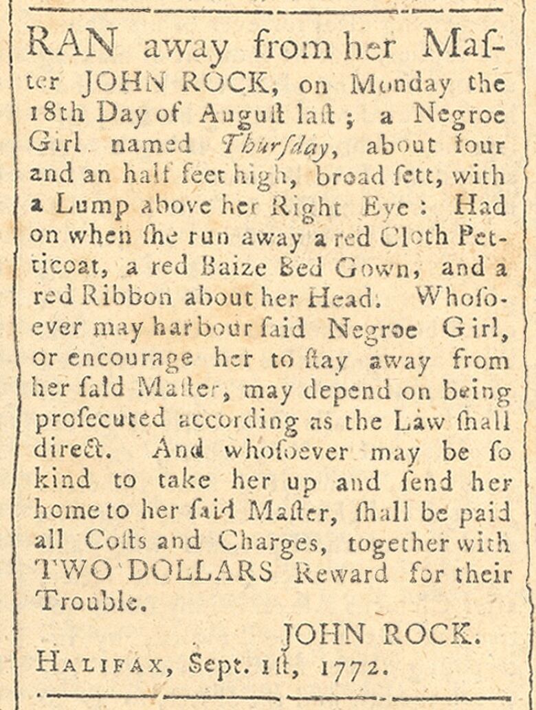 A old newspaper ad for a runaway slave. The text reads 