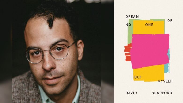 On the right is a yellow book cover with green, yellow, red, pink and blue paint swatches. There is black text overlay that is the book's title and author's name. On the left is a headshot of the author with short hair and glasses who is wearing light blue button-up shirt and a brown cardigan.