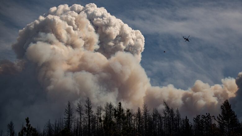 A helicopter flies near a large wildfire.