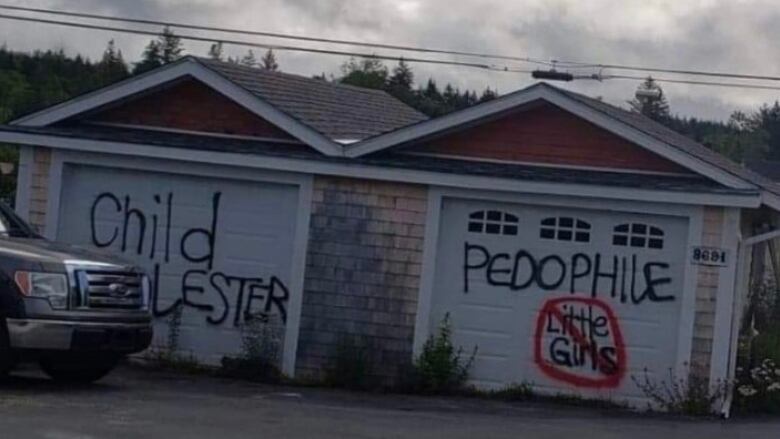 A garage door with the words 