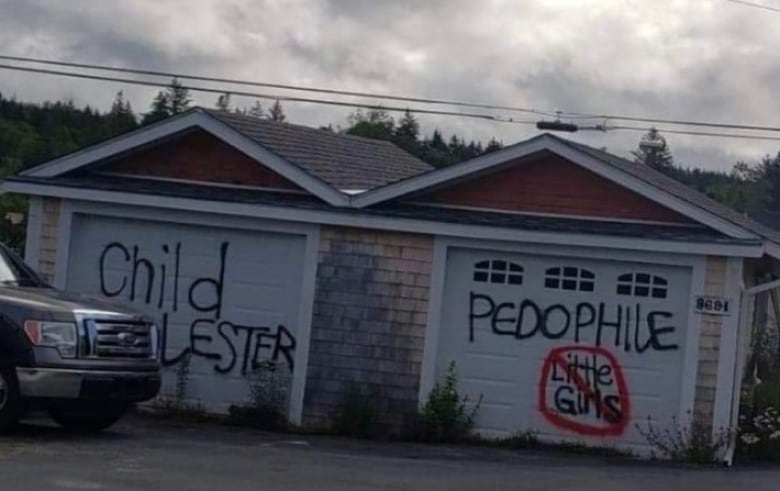 A garage door with the words 