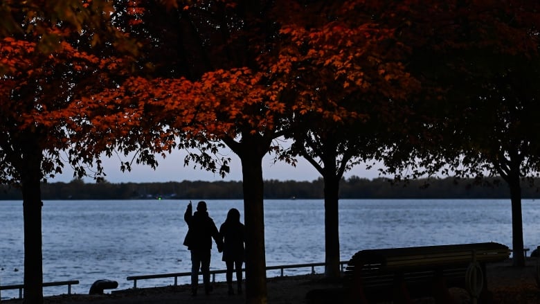 Two people silhouettes stand by a body of water, trees with red leaves from the changing colours of fall stand above them. 