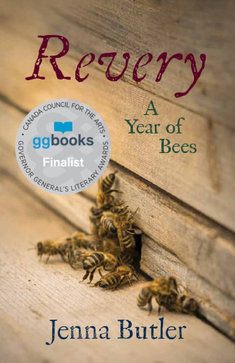 A book cover featuring bees congregating on a wooden bench with 