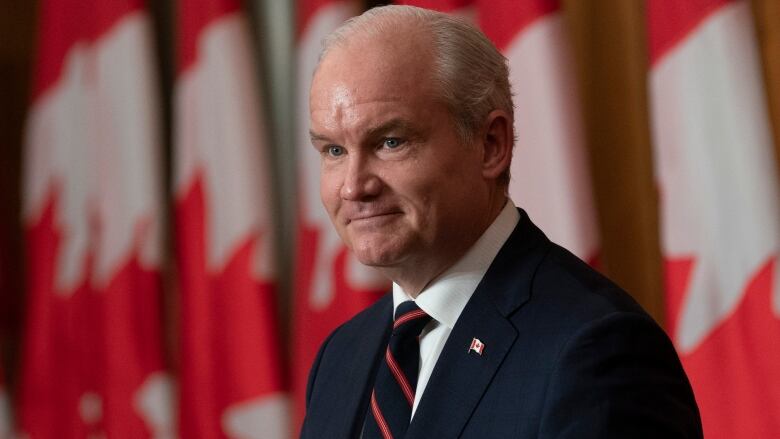 A man in a suit sits in front of a row of Canadian flags.