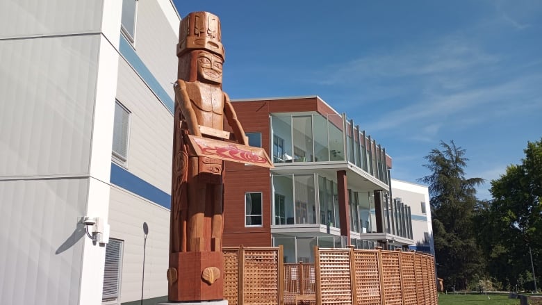 An Indigenous totem pole stands outside a glass-walled building surrounded by wicker gates.