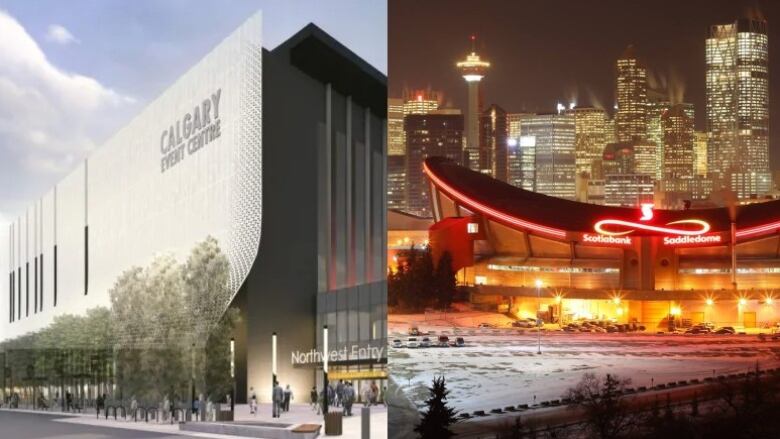 Calgary event centre (left) and Saddledome.