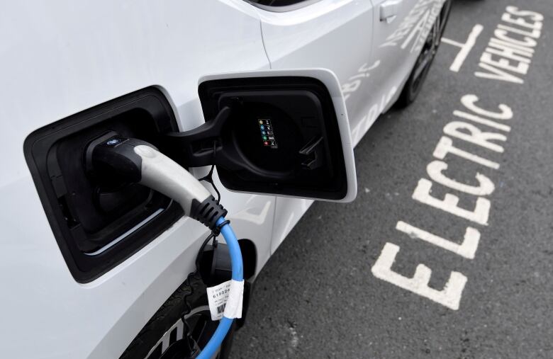 FILE PHOTO: An electric car is charged at a roadside EV charge point, London, October 19, 2021. REUTERS/Toby Melville/File Photo