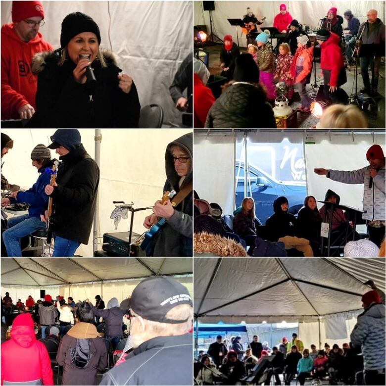 A compliation of six photographs of what appears to be a large gathering inside a large, white tent. 