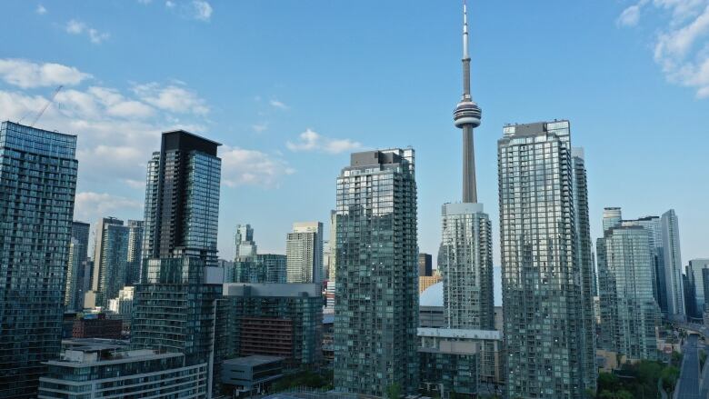 CN Tower and condo towers seen from Fort York.