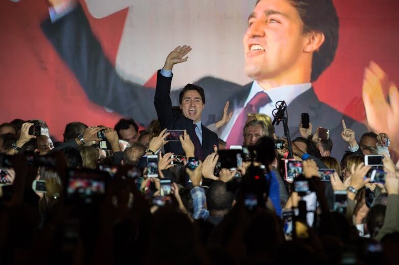 Canadian Liberal Party Leader Justin Trudeau arrives on stage in Montreal on Oct. 20, 2015 after winning the general election. 