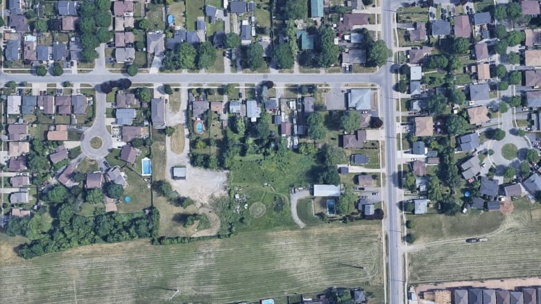 A satellite view of a neighbourhood.