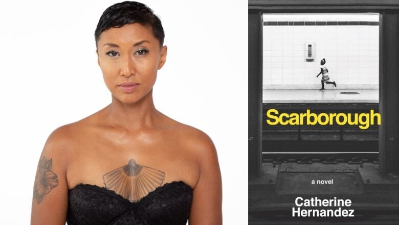 Brown woman with chest tattoo and short black hair in front of white backdrop. Book cover of young girl running on subway platform