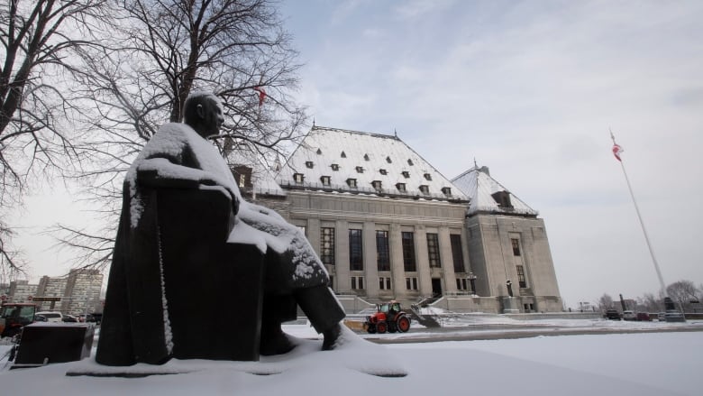 The Supreme Court of Canada building, from outside, covered in snow