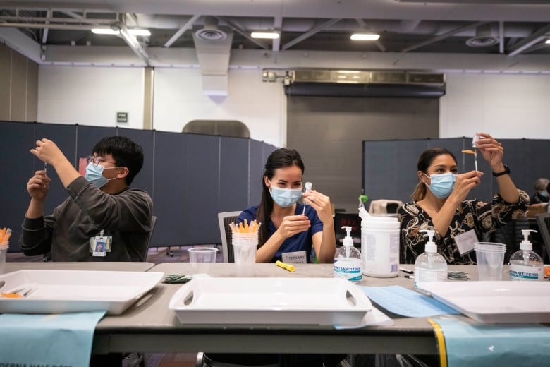 Three workers in medical masks load up syringes with vaccines.