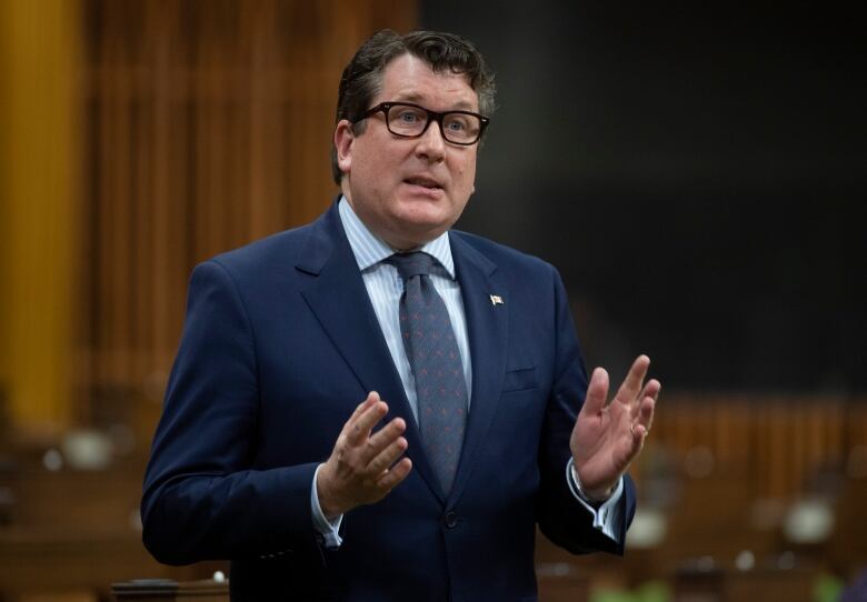 A man with dark hair and glasses is standing and speaking.