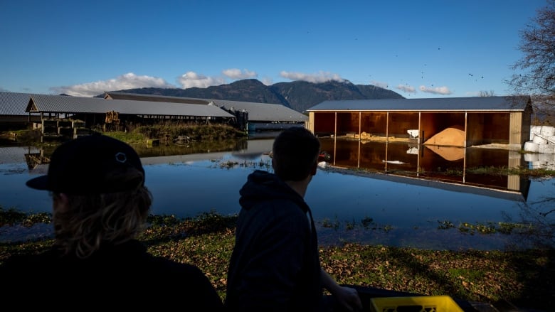 Residents are silhouetted looking over flooded buildings with the mountains in the background.