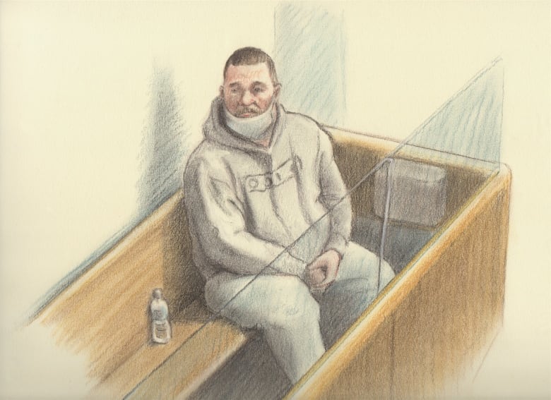 A drawing of a man in a courthouse. 