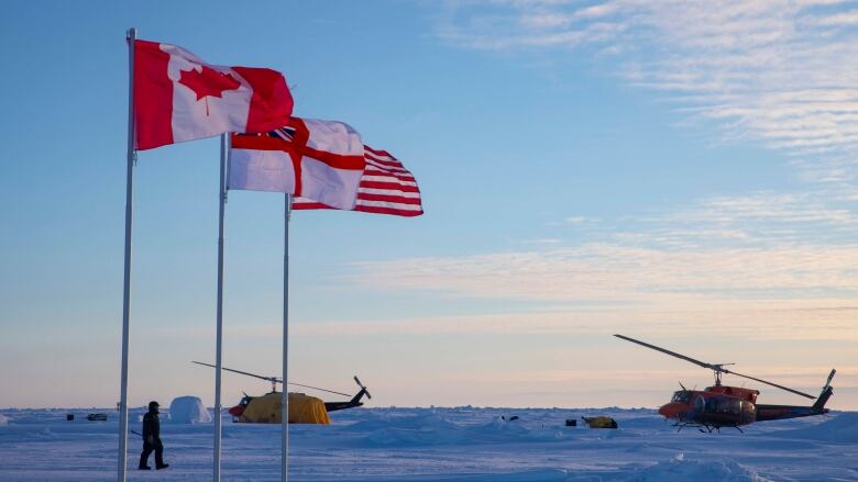 Three flags fly above parked helicopters in the Arctic.