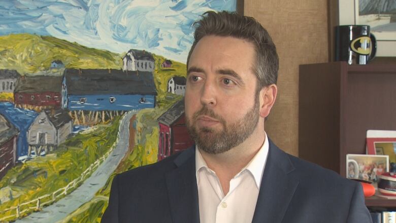 A man wearing a suit stands in his office. There's a large painting of a rural Newfoundland community on the wall to his right.