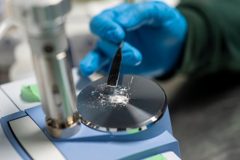 A gloved hand holds a steel medical tool over white powder on a microscope specimen stage.