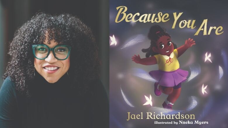 A composite photo of a picture book cover featuring a young girl in a yellow and purple dress dancing and the author photo, a woman with green glasses and curly hair.