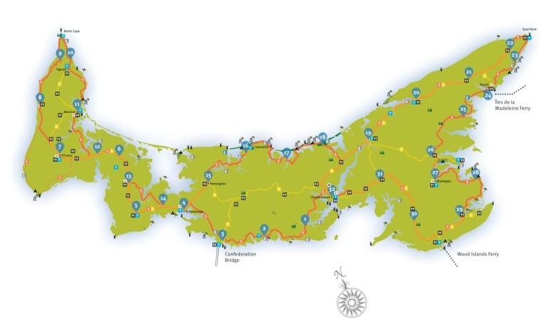 Map of Prince Edward Island showing where the Island Walk goes.