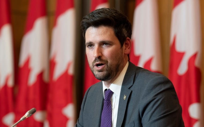 A minister speaks at a podium lined with Canadian flags.