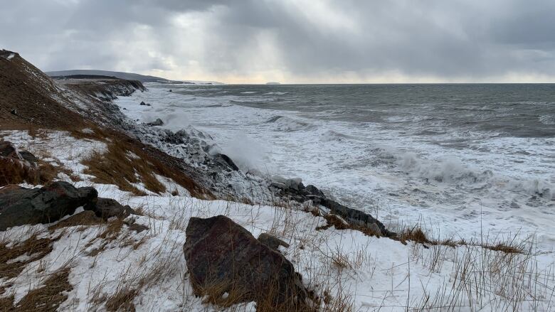 Waves crash along the coast of Grand tang, a small community in Inverness County on Cape Breton Island. 