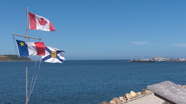 Flags are shown in Chticamp being blown by strong winds.