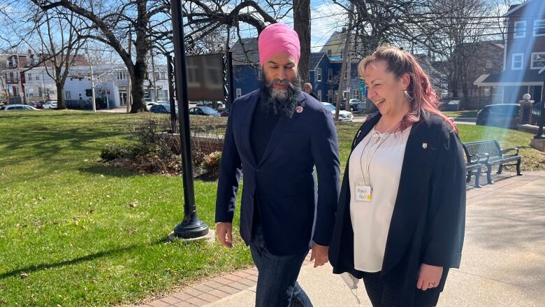 Federal NDP Leader Jagmeet Singh greets newly elected P.E.I. NDP Leader Michelle Neill after she was endorsed as the party's leader Saturday in Charlottetown. 