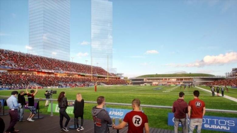 In this rendering, fans look eastward toward the new arena/indoor concert venue at TD Place, which will have a green roof matching the existing berm at Lansdowne Park. To the left, new residential buildings tower over a reconstructed north-side stands.