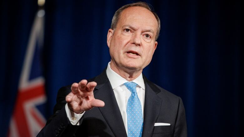 Finance Minister Peter Bethlenfalvy speaks to the media before tabling the Ontario budget, at Queens Park, in Toronto, on April 28, 2022.