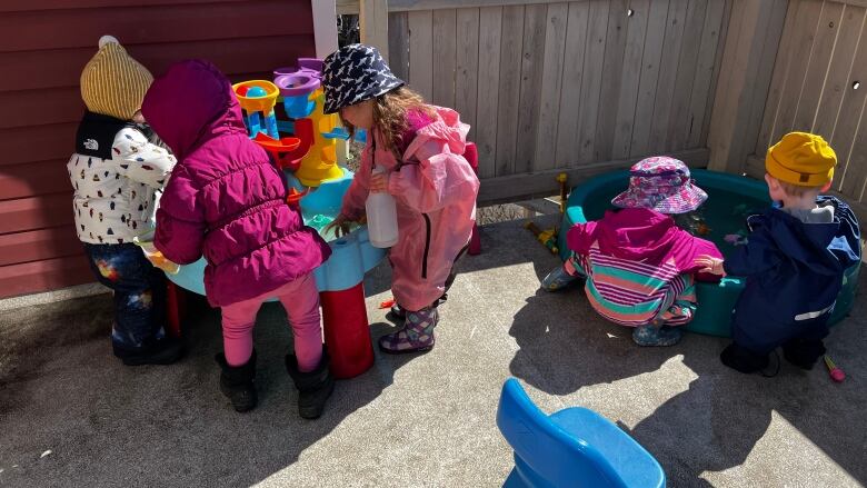 Children stand around a plastic toy on the left, while two children are around a tiny pool on the right. All the children are wearing colourful jackets and hats.