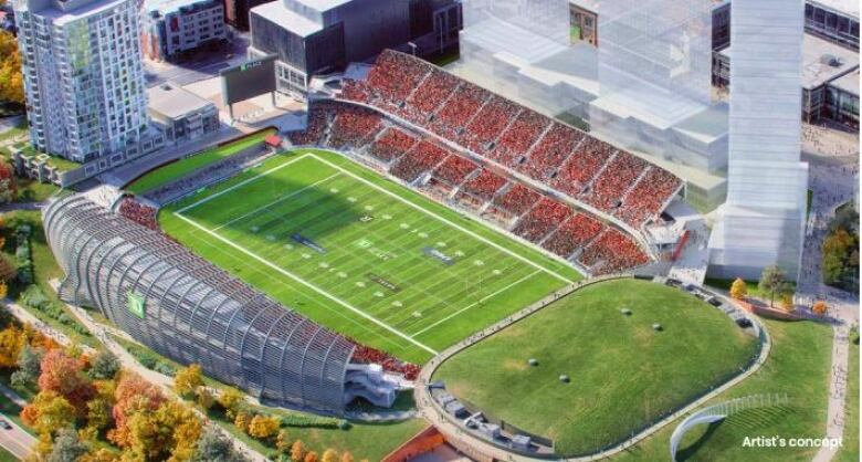 An aerial view of proposed new stadium stands and arena location at Lansdowne, from 2022.