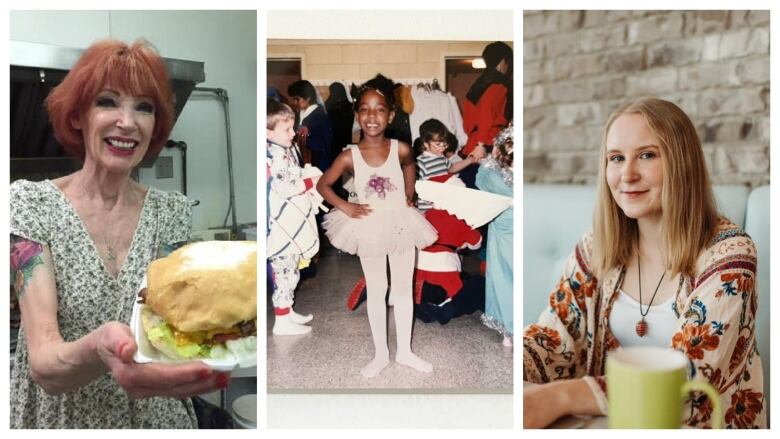 A woman holds up a hamburger, a young girl is in a ballet outfit and a young woman sits in front of a cup of coffee