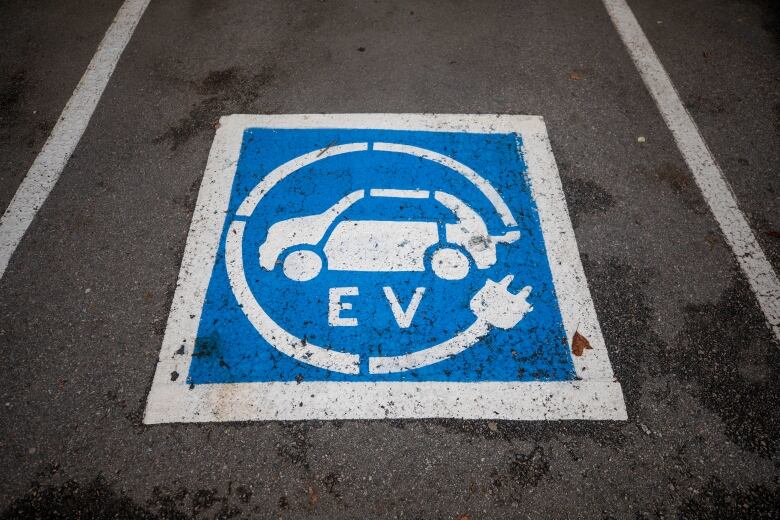 An EV charging sign on a parking space. 