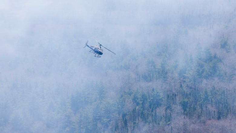 A helicopter flies through smoke above a forest.