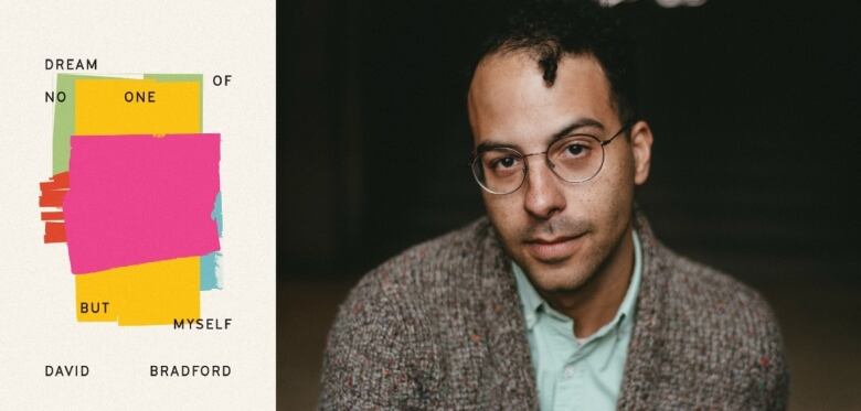  On the left is a yellow book cover with green, yellow, red, pink and blue paint swatches. There is black text overlay that is the book's title and author's name. On the right is a headshot of the author with short hair and glasses who is wearing light blue button-up shirt and a brown cardigan.