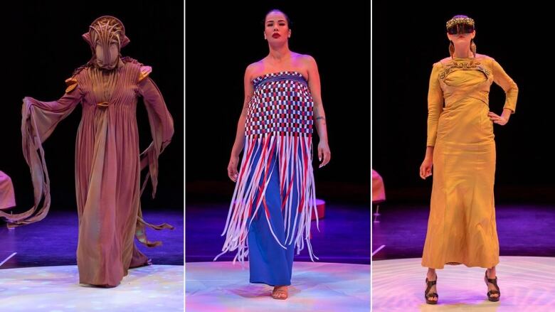 a triptych of 3 models on the Indigenous Fashion Arts Festival 2022 runway