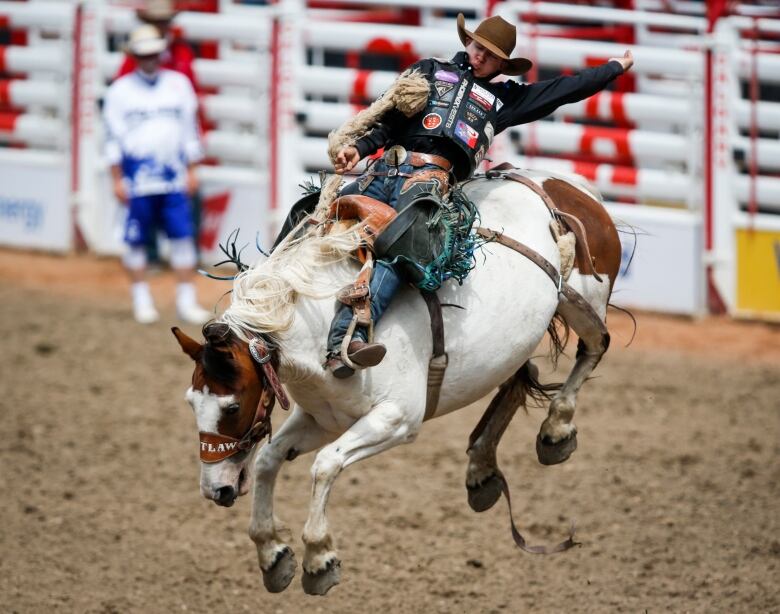  cowboy rides a bucking horse.