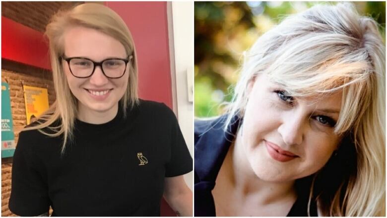 Two side by side photos. The photo on the left shows a woman inside wearing glasses and a black t-shirt. The photo on the left shows a woman wearing a navy shirt.