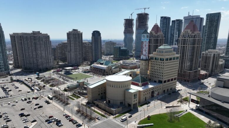 Aerial shot of Mississauga City Hall, surrounded by residential highrises.