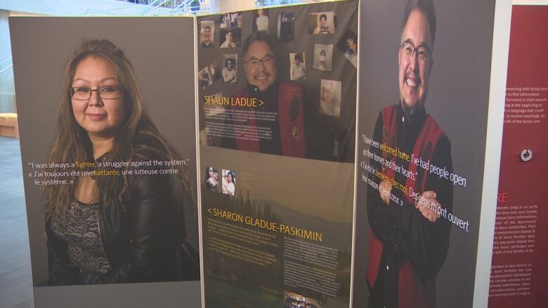 Exhibit panels show the photos and stories of Sixties Scoop survivors.