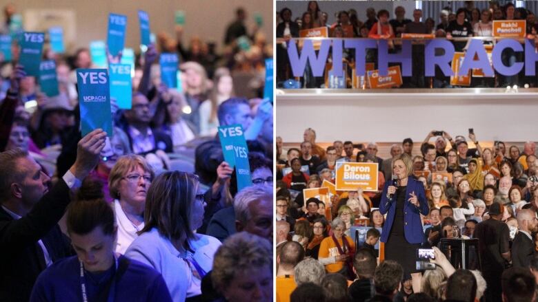 Side-by-side frames of United Conservative and NDP convention crowds.