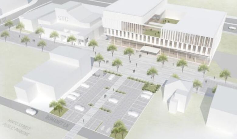 A conceptual drawing of buildings, a parking lot and a street.