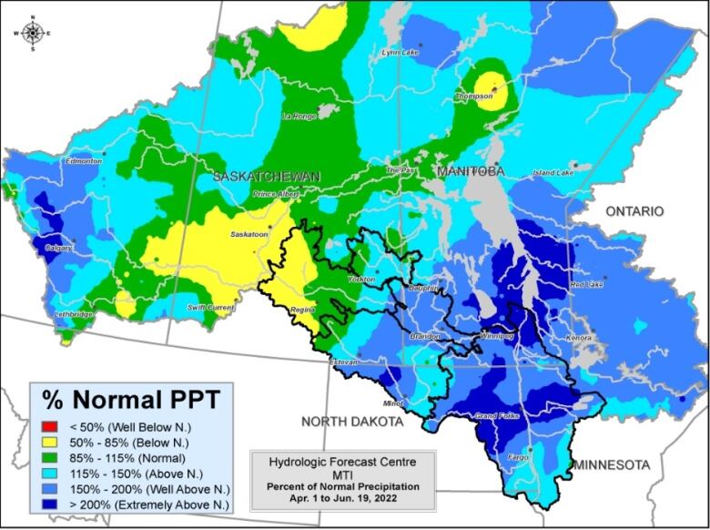 A colour-coded map shows most of Manitoba covered by blue, indicating above-normal precipitation.