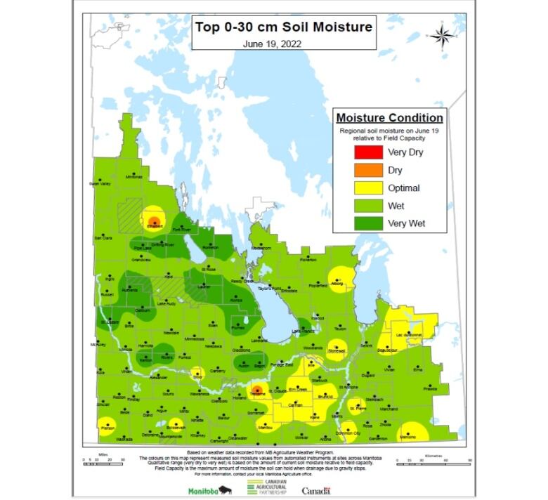 A colour-coded map shows most of southern and central Manitoba covered by green or yellow, with yellow indicating optimal soil moisture and green indicating wet or very wet conditions.