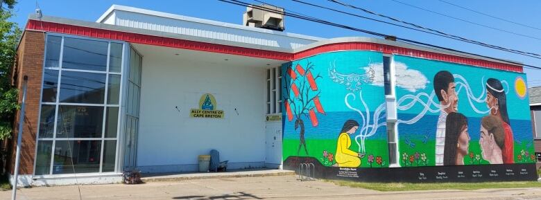 A building with a colourful mural on the wall is shown.