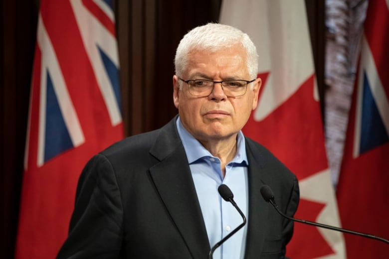  A man with white hair and glasses in a suit stands in front of flags in a room.